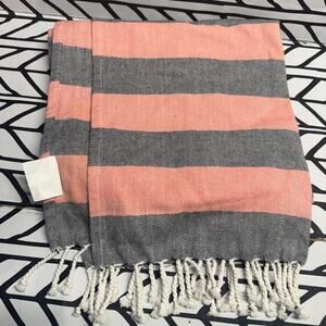 Pink and Gray Striped Throw Blanket with Fringe